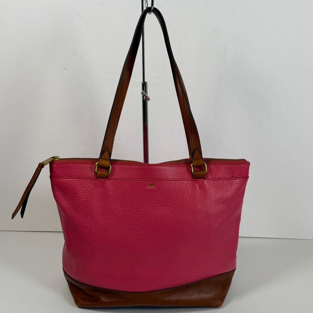 Fossil Pink Brown Leather Tote Bag Large Pebbled Leather Shoulder Purse
